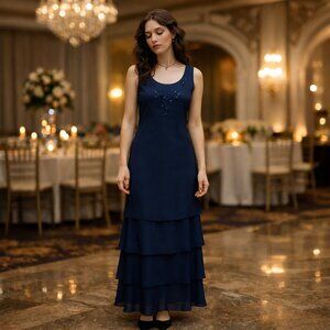 Coldwater Creek Tiered Formal Maxi Dress Size 6 Navy Blue Sequin Gala